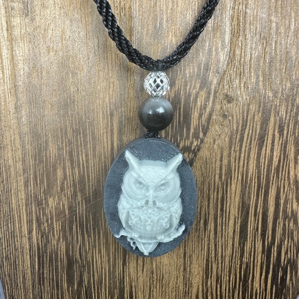 Tai Chi Stone Owl Pendant Necklace on Black Adjustable Rope - Picture 6 of 9